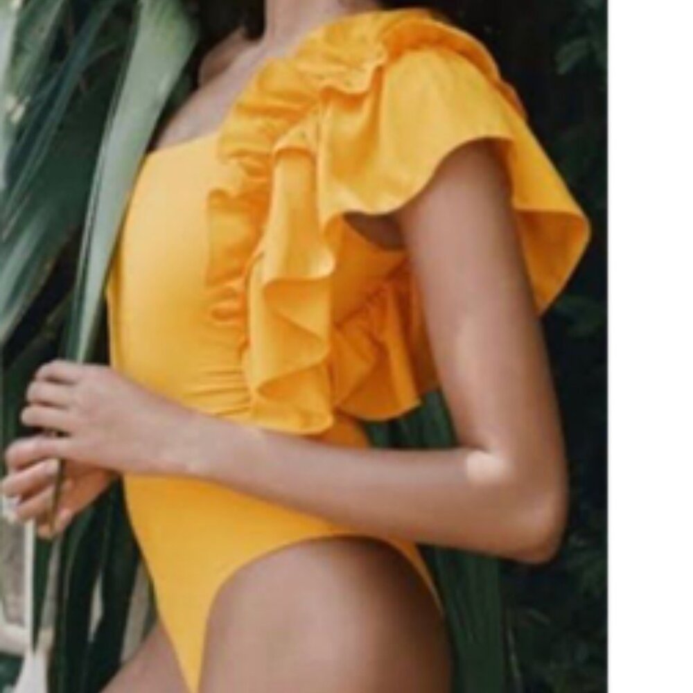 BNWT ZARA ruffle asymmetrical swim in mustard allover (S)